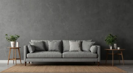 Gray sofa in living room with free space