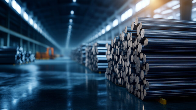 Industrial shot of organized aluminum rod bundles in factory storage, reflecting light under warehouse skylights. A moment of calm before intense remelting begins.