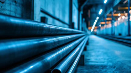 Long aluminum rods bundled in uniform sections, laid in steel compartments along a factory wall. Industrial pipes and safety signage enhance the authentic setting.