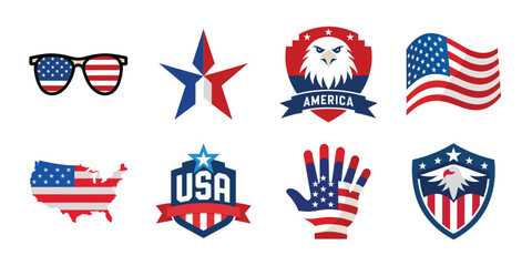 Obraz premium 4th of July vector elements set. Collection of American Independence Day vectors, shield, banner, hat, sunglass, map collection
