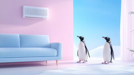 Obraz premium Stylish Scandinavian-inspired interior with pale walls, air conditioning unit, and blue sofa. The floor is dusted with soft snow as two penguins explore their indoor habitat.
