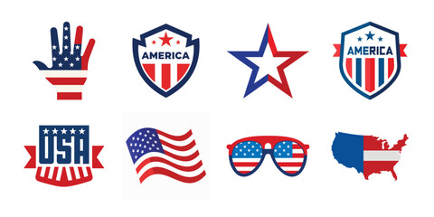 4th of July vector elements set. Collection of American Independence Day vectors, shield, banner, hat, sunglass, map collection