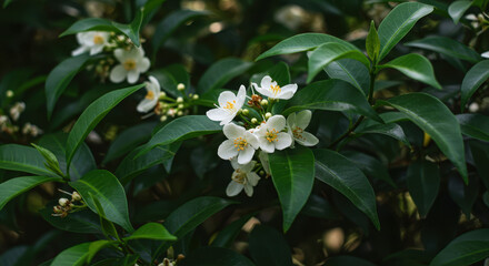Murraya Blooms: Captivating White Blossoms & Lush Green Leaves - A Botanical Beauty in Natural Light.