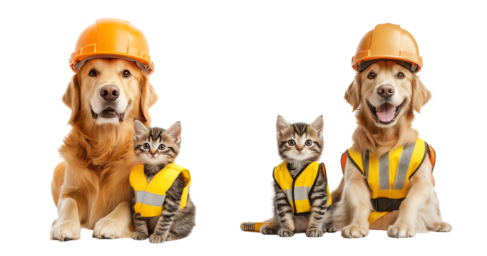 golden retriever wearing a construction helmet and a small kitten with a safety vest perfect for International Workers' Day promotions. on transparent background
