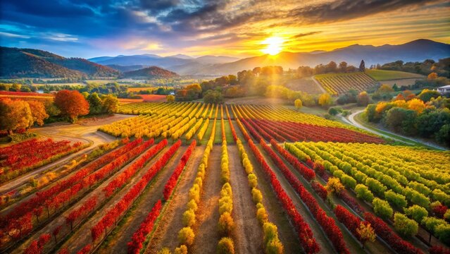 Aerial Autumn Vineyard Landscape, Alella, Barcelona Wine Region
