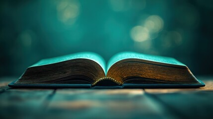 Open book on wooden table, mystical ambiance