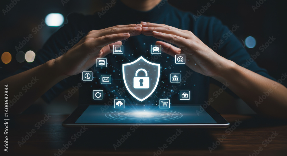 Poster secure data: shielding digital assets with protection & cyber security on tablet, safeguarding infor
