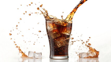 A photo of a cola beverage being poured into a glass with ice.