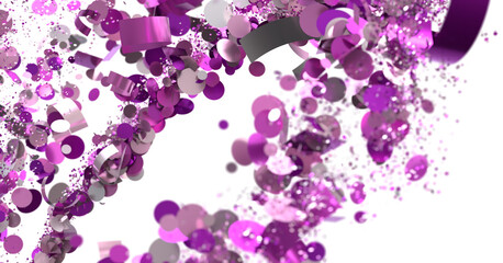 Vibrant purple confetti explosion on white background. Perfect for party, celebration, or festive designs.