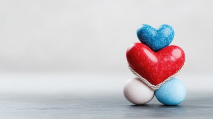 Fototapeta premium Three hearts of different colors, stacked on top of each other, resting on three spheres
