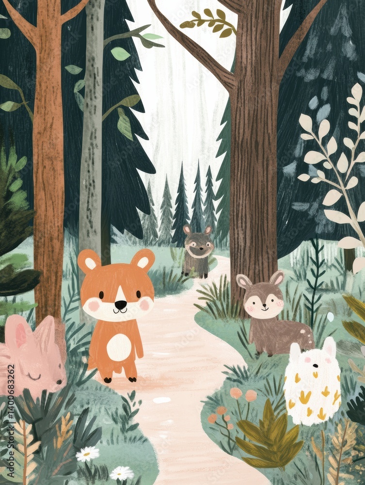 Aufkleber charming forest path with soft animals enjoying a peaceful stroll together under the canopy of trees
