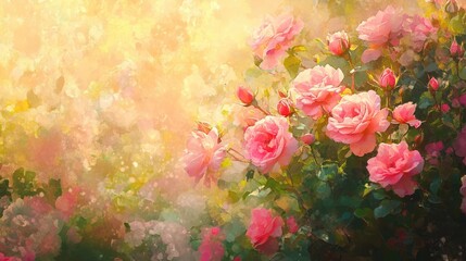 A vibrant field of pink roses basking in the soft