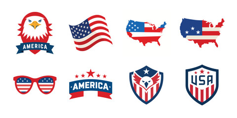 4th of July vector elements set. Collection of American Independence Day vectors, shield, banner, hat, sunglass, map collection