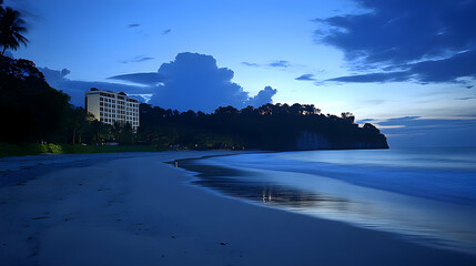Night Ocean View with Buildings at Tropical Shoreline with Dark Sky and Clouds Reflecting off Sandy Beach Water