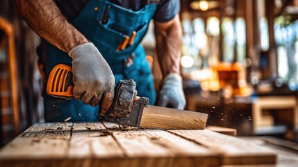 Carpenter cutting wood at a workshop. Featuring focus and craftsmanship