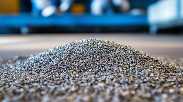 Macro shot of the surface texture of beryllium ingots, fine metallic grains visible. Background shows lab technicians in safety gear.