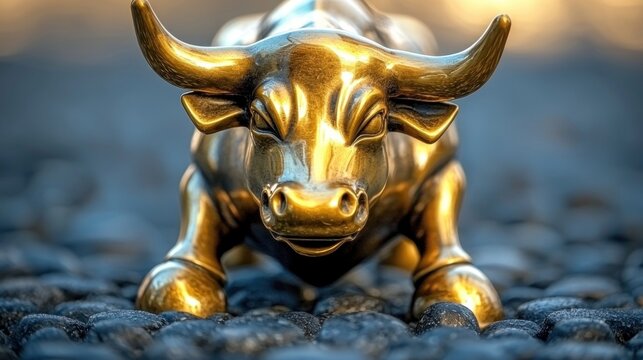 Golden bull statue on pebbles