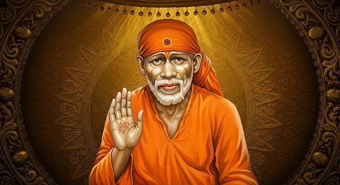 Serene portrait of spiritual master in warm orange tones with blessing gesture
