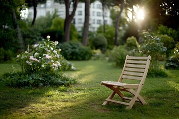 Obraz premium Serene backyard garden scene with empty wooden slatted chair in a tranquil place for relaxation or contemplation, evoking nature's peace and beauty for summer enjoyment