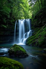 Obraz premium a waterfall in the middle of a forest with mossy rocks