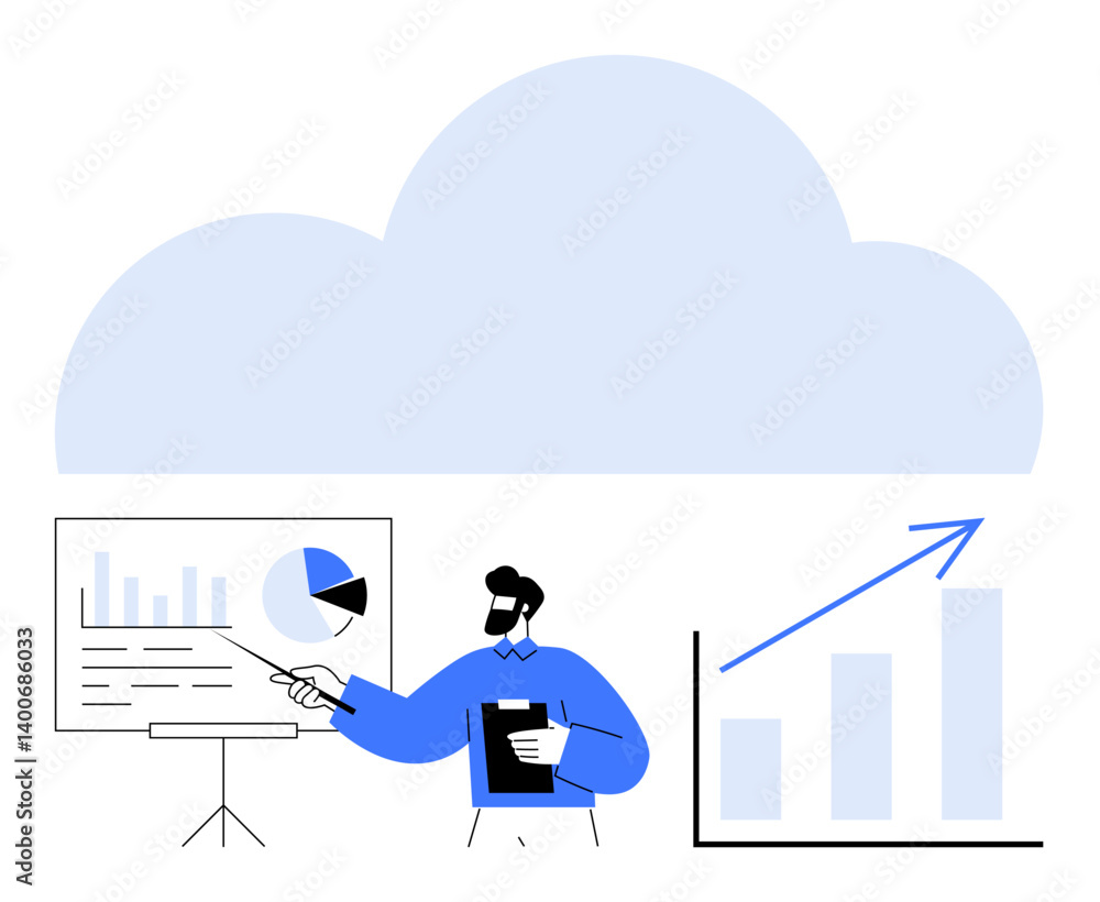 Poster person explaining charts and graphs illustrating data growth and insights beneath a cloud graphic. i