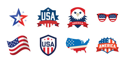 4th of July vector elements set. Collection of American Independence Day vectors, shield, banner, hat, sunglass, map collection
