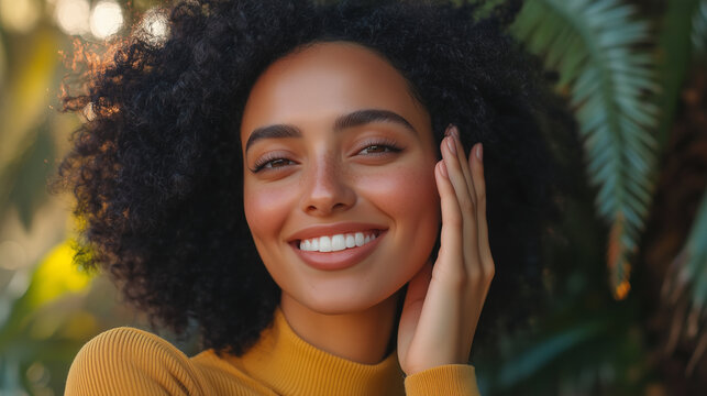 Middle-aged woman smiles happily at her glowing reflection, her hand resting gently on her cheek after using an anti-aging face cream. Her skin looks revitalized and full of life.