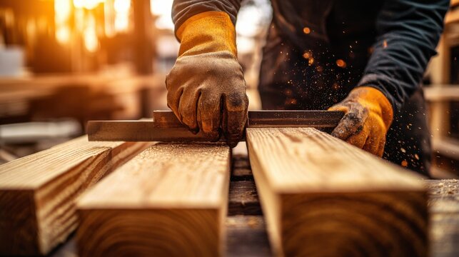 Carpenter cutting wood planks for a new shelf. Featuring craftsmanship and attention to detail