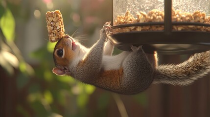 A squirrel hanging upside down from a bird feeder trying to grab a granola bar. Backyard setting.