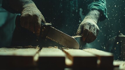 Carpenter cutting wood planks with a saw. Featuring craftsmanship and technique