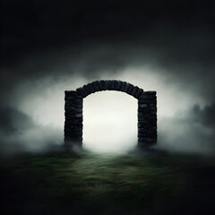 A weathered stone gate leading into a forgotten graveyard, with mist rising from the ground and an unsettling silence.

