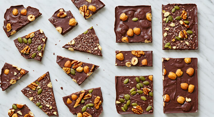 Delicious Dark Chocolate Bark with Various Nuts and Seeds Assortment