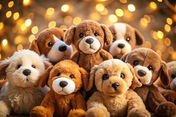 Adorable Pile of Brown Plush Dog Toys with Bokeh Background - Stock Photo