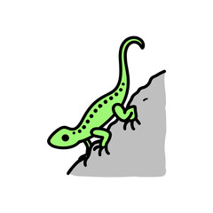 Green cartoon lizard climbing gray rock