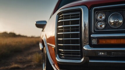 Vintage car, bathed in warm glow of sunset, stands parked in open area. Its polished surface reflects fading light, emphasizing intricate design of headlight, grille, side mirror. Classic styling.