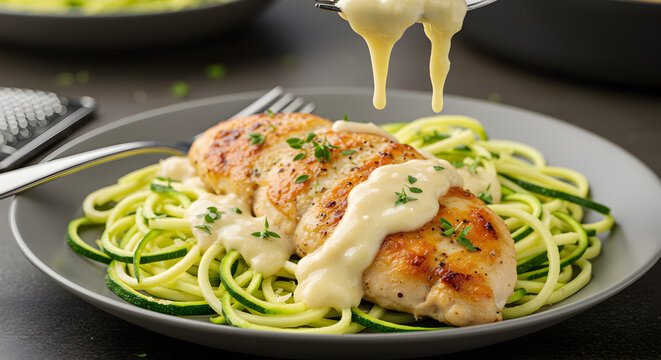 Delicious Keto Chicken Alfredo with Zucchini Noodles Photography - Powered by Adobe