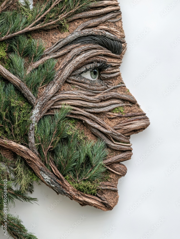 Poster creative face outline crafted from pine branches and layered terrain reflecting a mindful nature con