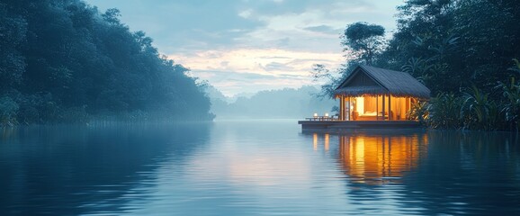 Fototapeta premium Tranquil riverside cabin at dawn