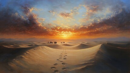 Fototapeta premium Mystical oil painting of the Sahara at dawn, soft pastel hues blending in the sky, a caravan of nomads crossing the dunes, footprints trailing in the sand,