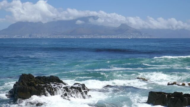 Waves in the Atlantic Ocean at former prison iland Robben Island, outside Cape Town, Western Cape, South Africa.
