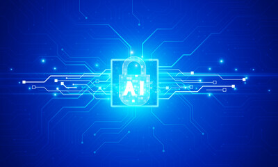 Brightly glowing AI chip on light circuit board on technology blue technology of symbol Hitech communication concept of private key digital world, vector design.