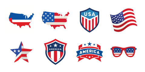 4th of July vector elements set. Collection of American Independence Day vectors, shield, banner, hat, sunglass, map collection