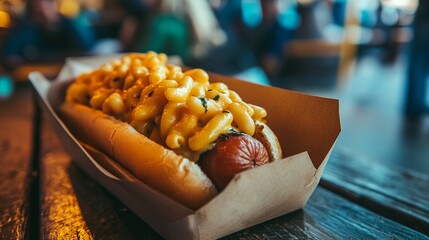 Delicious mac and cheese hot dog with grilled sausage in a brown paper tray