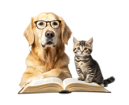 Golden retriever wearing reading glasses and a tabby kitten sitting beside an open book on transparent background,  ideal for World Book Day campaigns or education.