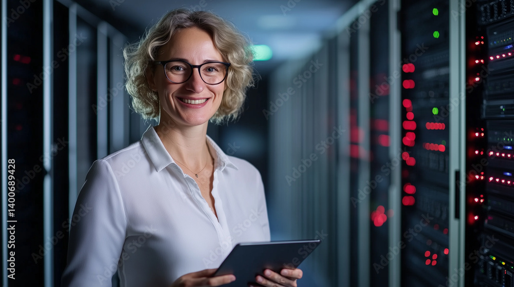 Poster smiling tech professional in glasses holds tablet, analyzing network performance inside data center 