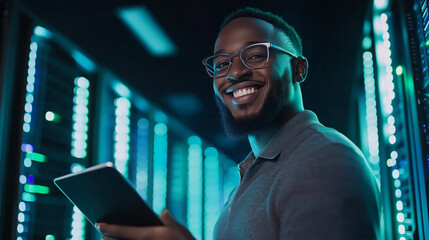 Smiling tech professional in glasses holds tablet, analyzing network performance inside data center with illuminated servers. Precision, elegance, and efficiency radiate from the o