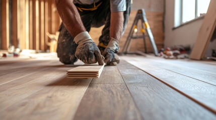 Carpenter installing wooden flooring in a home. Featuring craftsmanship and precision