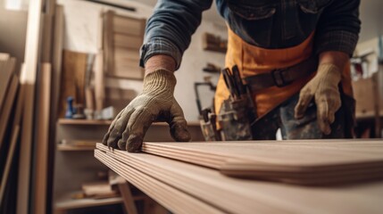 Carpenter installing wooden shelving in a living room. Featuring craftsmanship and care