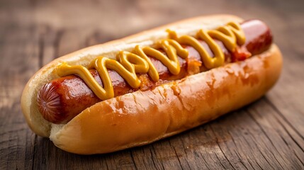 Juicy hot dog with mustard on rustic wooden table