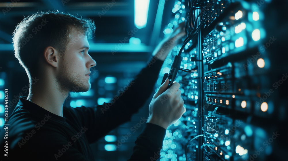 Poster technician plugs diagnostic tool into rack-mounted server, confirming security protocols. cool hues 